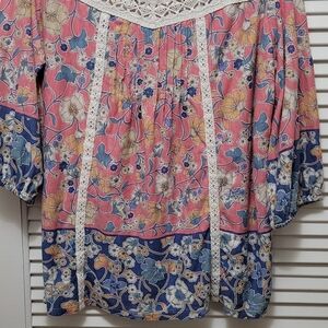 BOHO STYLE Vintage America Floral Blouse - Pink and Blue